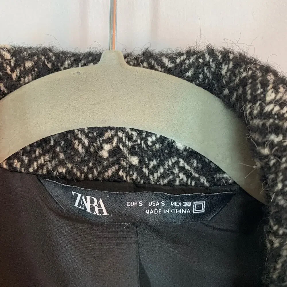 ZARA Bomber Jacket Women Medium Black Gray Zip Tweed Lined Classic - Picture 3 of 13